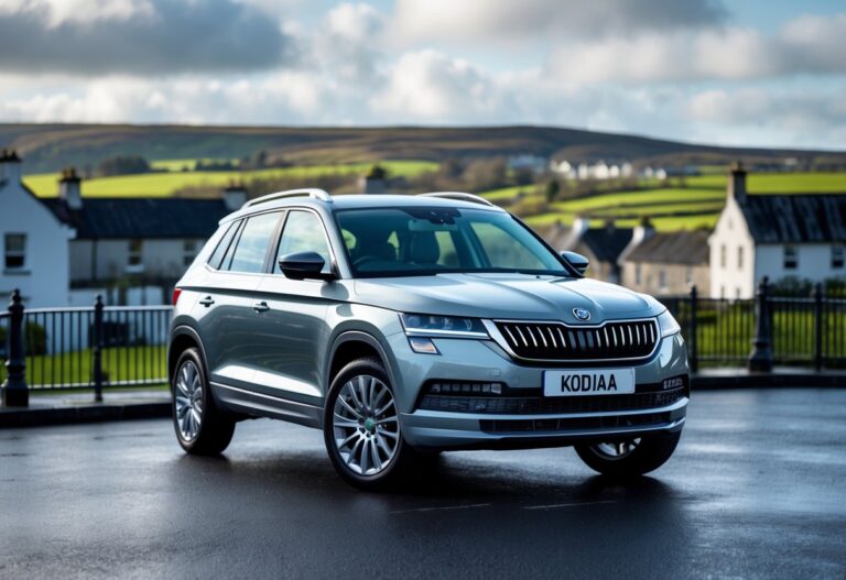 A Skoda Kodiaq SUV parked in front of an Irish town with green hills in the background.