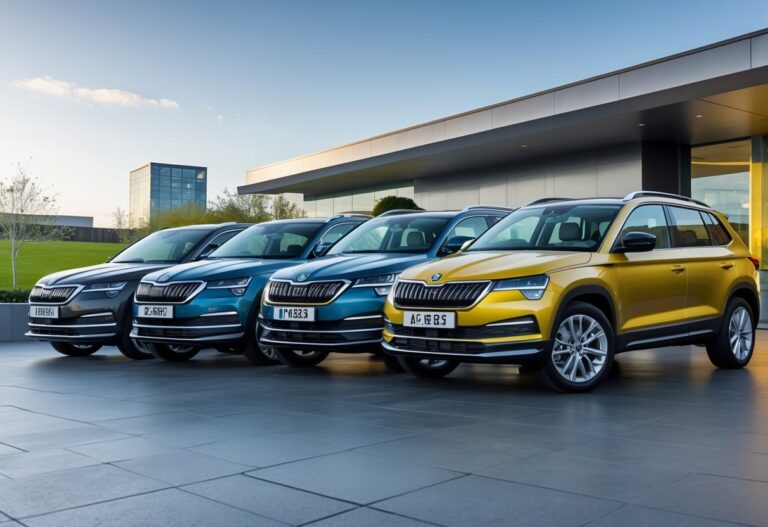 A lineup of Skoda Karoq cars parked outdoors in a city setting in Ireland, showing different trims and colours.