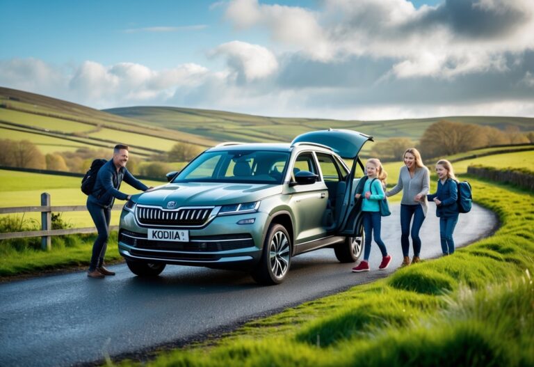A family of four standing by a Skoda Kodiaq on a green countryside road in Ireland, preparing for a trip.