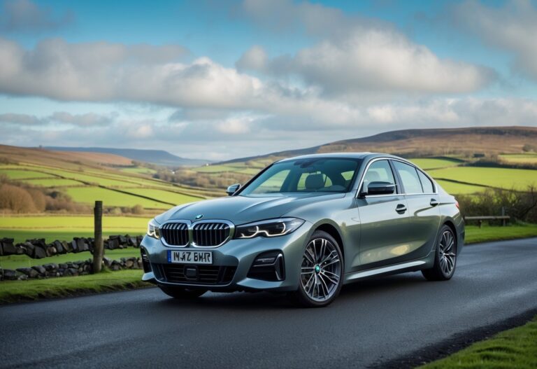 A BMW 3 Series car parked on a scenic road with green hills and cloudy sky in the background.