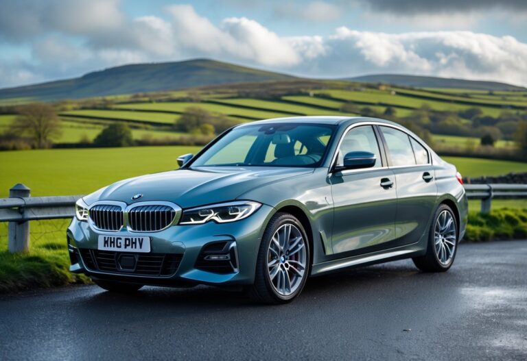 A BMW 3 Series car parked on a scenic road with green hills in the background in Ireland.