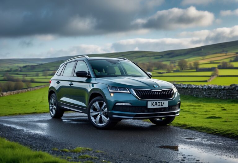 A Škoda Karoq SUV parked in a green Irish countryside with rolling hills and stone walls under a cloudy sky.