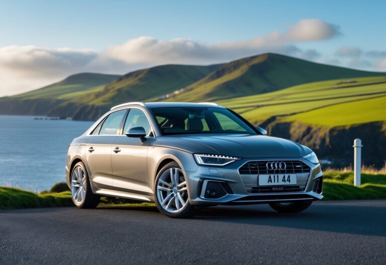 Audi A4 parked on a coastal road with green hills and blue sky in the background.