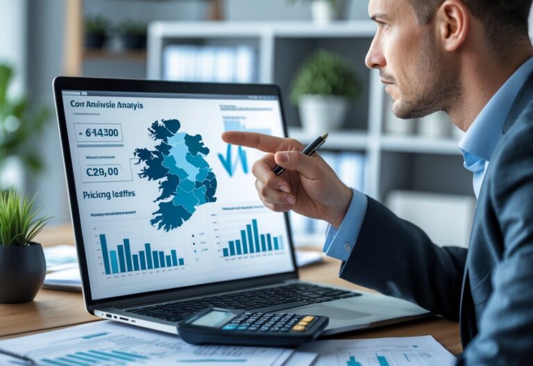 A person pointing at pricing charts and a map of Northern Ireland on a laptop screen in a modern office setting.