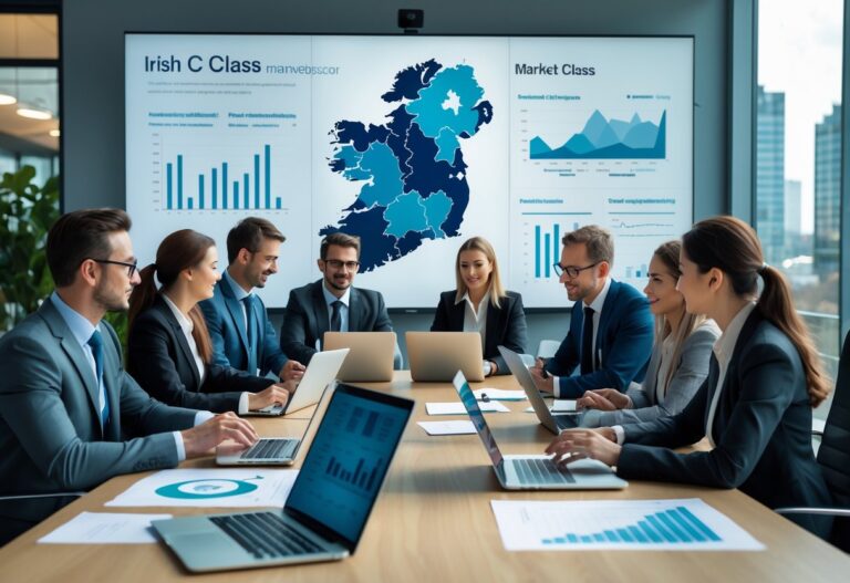 Business professionals in a modern office discussing market data with a digital map of Ireland displayed on a screen.