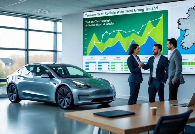 A Tesla Model 3 next to a digital screen showing registration trend graphs for Ireland, with business professionals discussing data in a modern office.