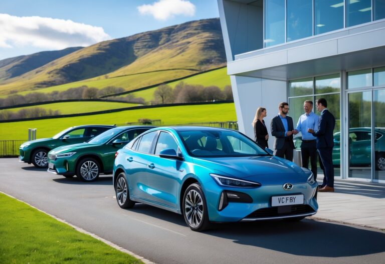 A hybrid car dealership in Northern Ireland with a hybrid car in front, people talking with a sales representative, and green hills in the background.