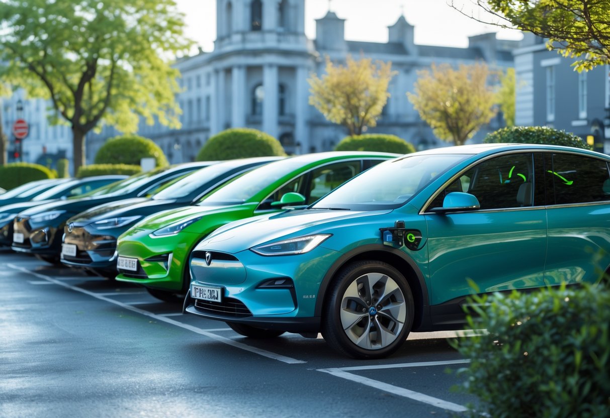 A lineup of electric cars parked outdoors on a sunny street with Irish buildings and greenery in the background.