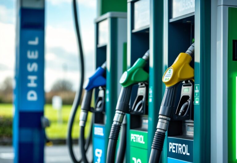 Two fuel pumps side by side at a petrol station in Ireland, one representing diesel and the other petrol, with a clear outdoor background.