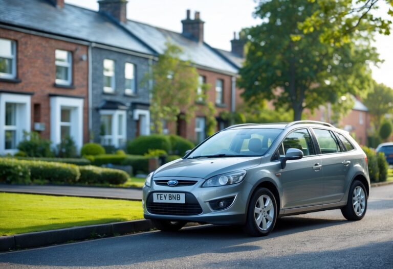 A modern family car parked on a suburban street with brick houses and gardens in Northern Ireland.