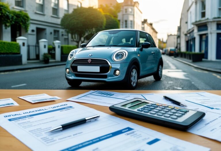 A small car parked on a street in Ireland with financial documents and a calculator on a table nearby.