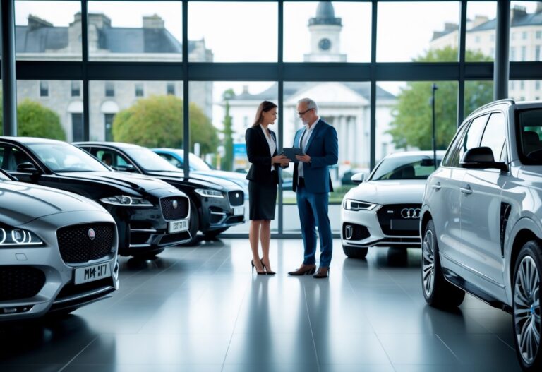 A financial advisor discussing luxury car financing options with a couple inside a modern car showroom with luxury cars visible.