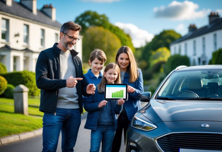 An Irish family of four by their car on a suburban street, using a tablet to check car information.