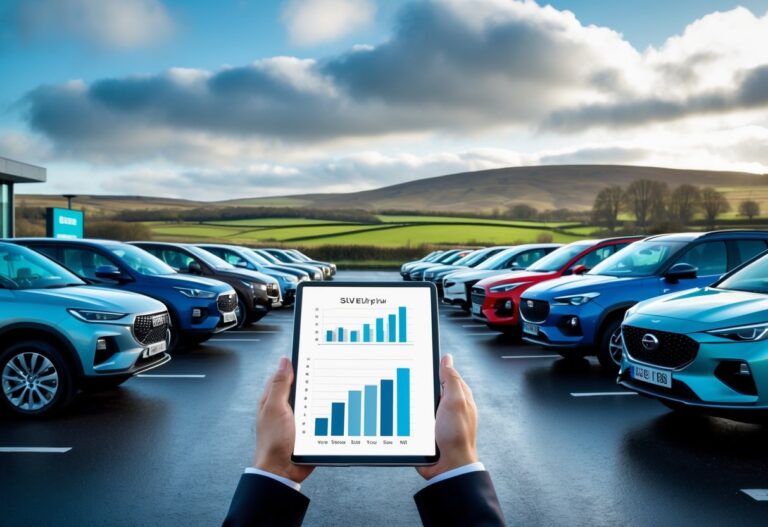 A car dealership lot with various SUVs parked, a person looking at a tablet with charts, and green hills in the background.