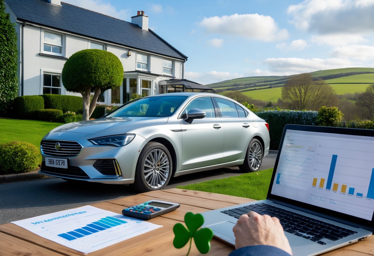 A person reviewing car ownership documents and a calculator next to a silver saloon car parked by a suburban Irish home with green hills in the background.