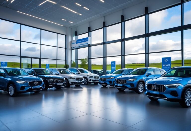A bright car dealership showroom in Ireland with several clean used cars displayed inside and a green landscape visible through large windows.