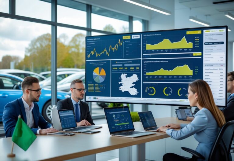 Professionals analysing data on screens in an office overlooking a used car dealership in Ireland.