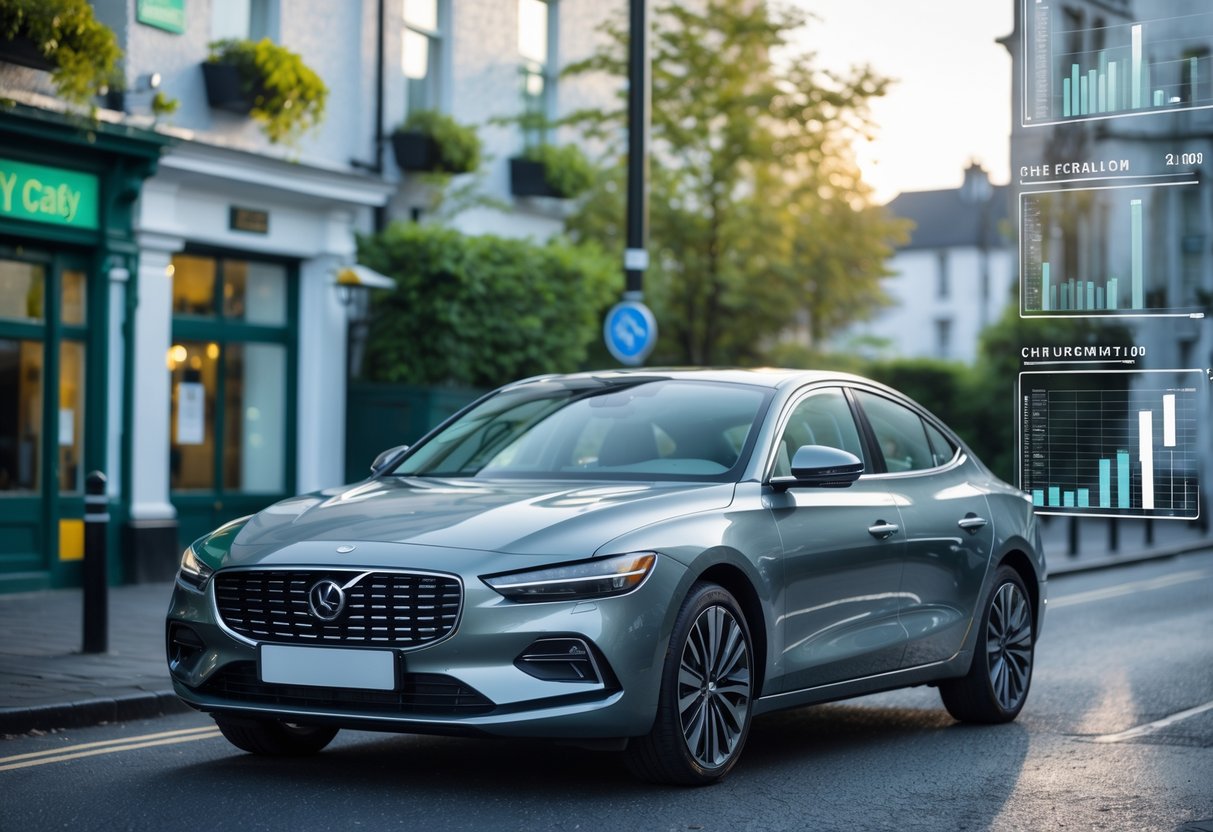 A modern car parked on a quiet urban street in Ireland with subtle graphical overlays representing car value decline.
