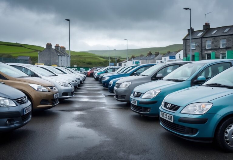 A row of used cars parked outdoors in an Irish town with stone buildings and green hills in the background under a cloudy sky.