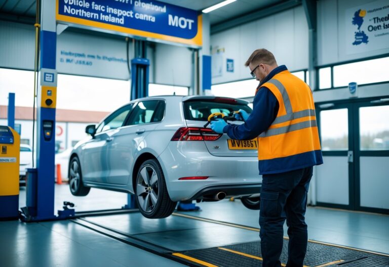 A vehicle inspection centre in Northern Ireland with a car on a lift and a tester examining its underside.