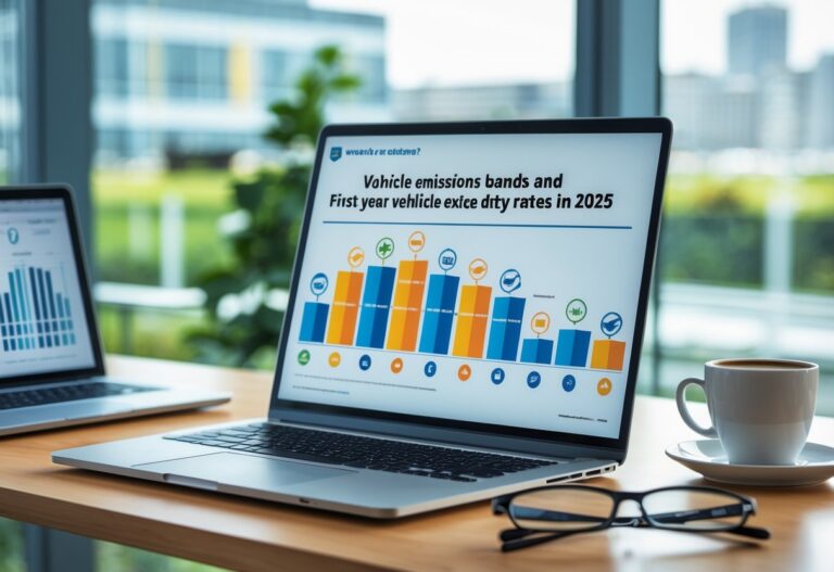 A modern office desk with a detailed infographic chart about vehicle emissions and tax rates for Northern Ireland 2025, a laptop, glasses, and a coffee cup, with a city view in the background.