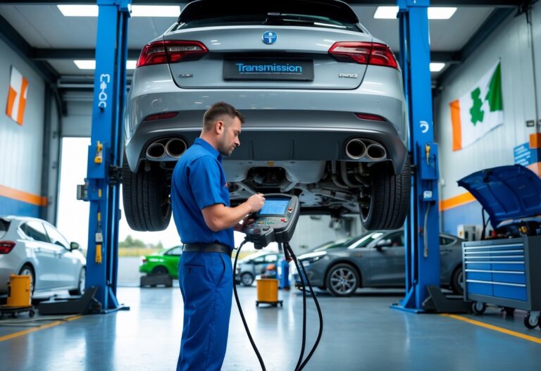 A mechanic inspecting the underside of a car lifted in a workshop with Irish elements visible in the background.