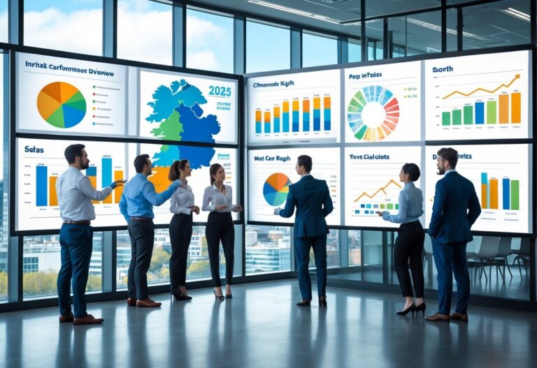 Business professionals analysing charts and graphs about the Irish car market in a modern office with a cityscape view.