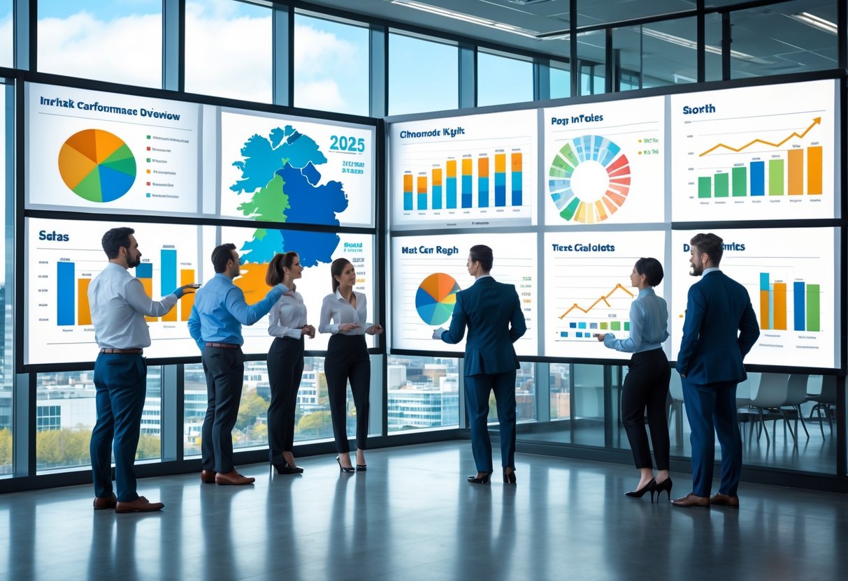 Business professionals analysing charts and graphs about the Irish car market in a modern office with a cityscape view.