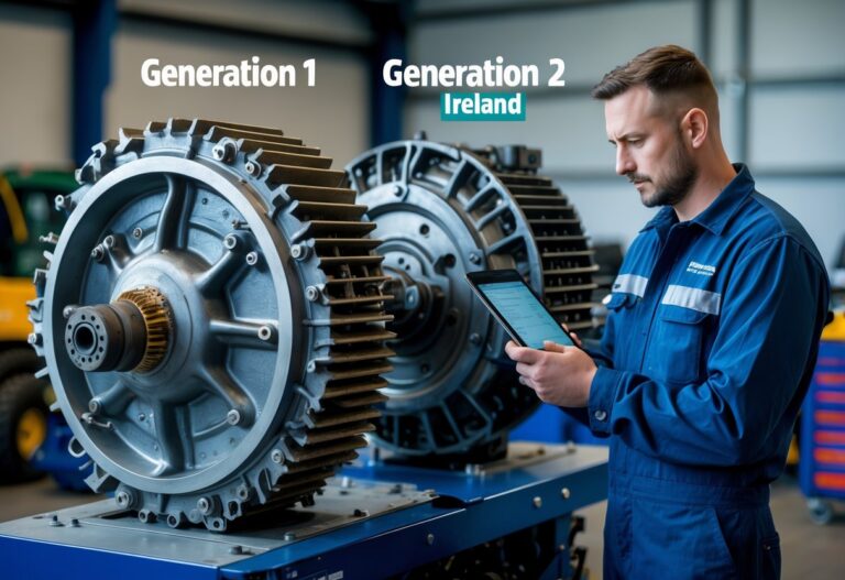 A mechanic examining two different tractor powershift gearboxes side by side in a workshop, comparing an older model with a newer one.