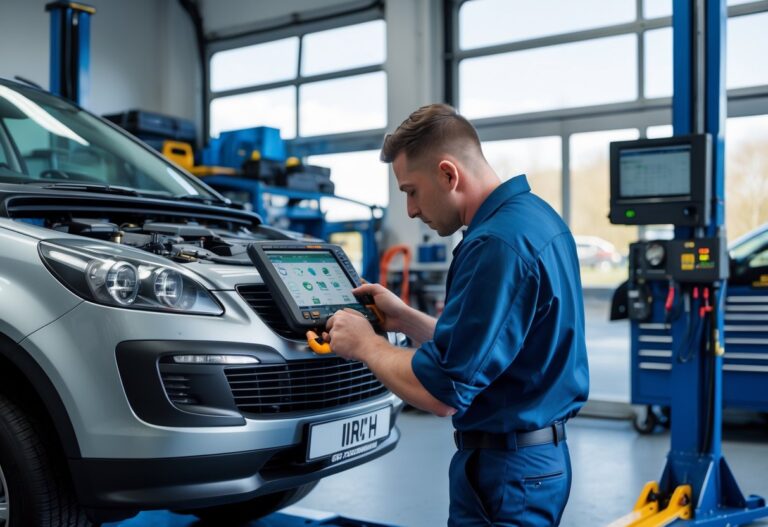 An automotive technician diagnosing a DSG gearbox fault on a car with an Irish registration plate in a modern garage.