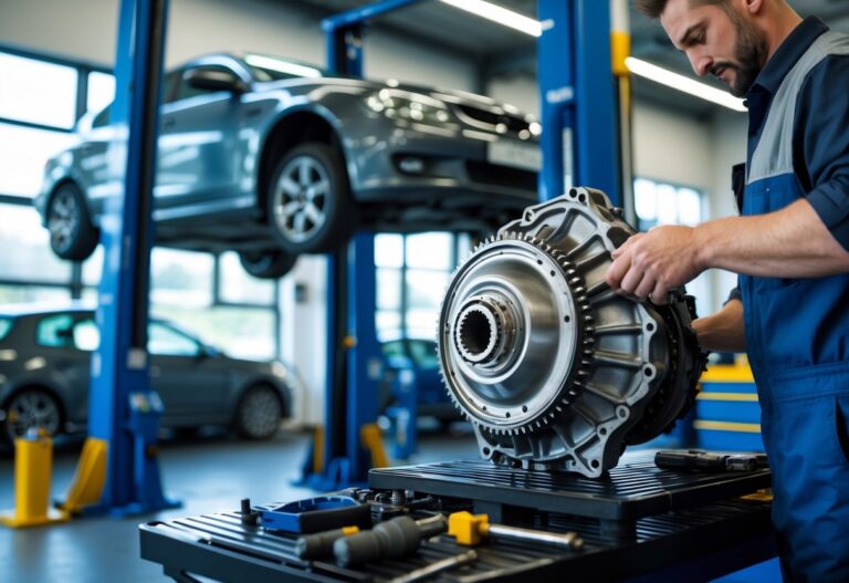 Mechanic repairing an automatic gearbox in a clean automotive workshop with a car lifted in the background.