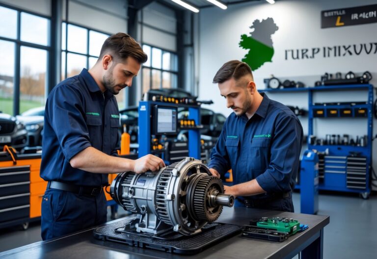 Mechanics working on a car gearbox in a clean and organised automotive workshop in Ireland