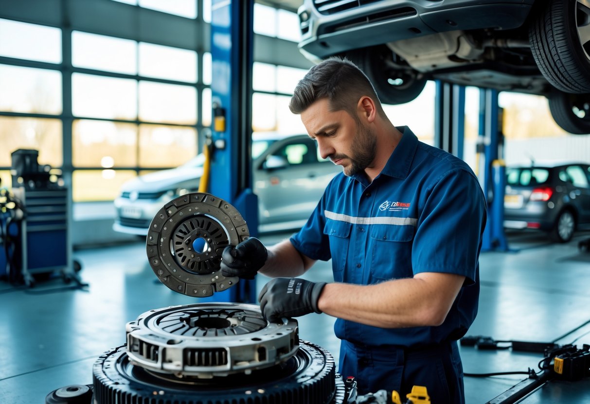 Mechanic working on a car clutch in a clean and organised car repair workshop.