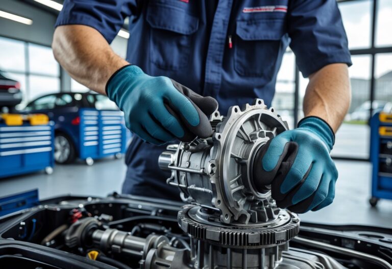 A mechanic repairing a car gearbox with tools in a clean automotive workshop.