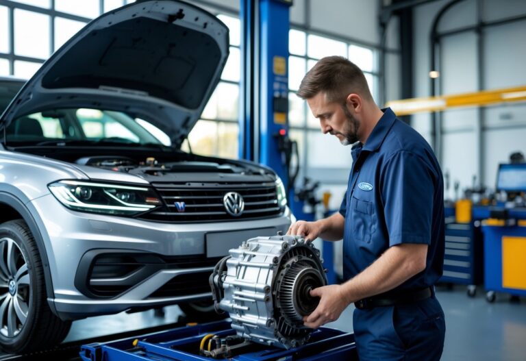 A mechanic inspecting a Volkswagen DSG gearbox in a clean and well-equipped car repair workshop in Ireland.