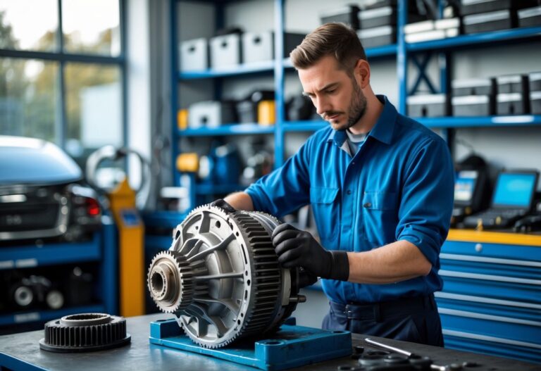 Mechanic working on a disassembled gearbox in a clean and organised automotive repair workshop.