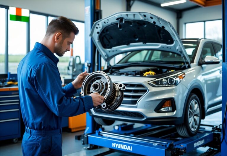 Mechanic repairing a Hyundai car's dual-clutch transmission in an automotive workshop with Irish elements visible in the background.