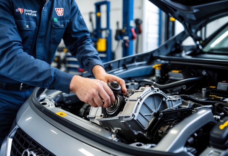A mechanic working on an Audi car gearbox inside a clean automotive repair workshop.