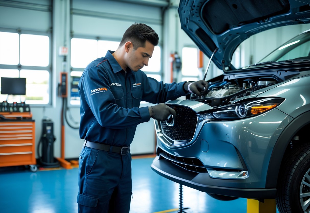 A mechanic repairing the transmission of a Mazda car in a professional workshop.
