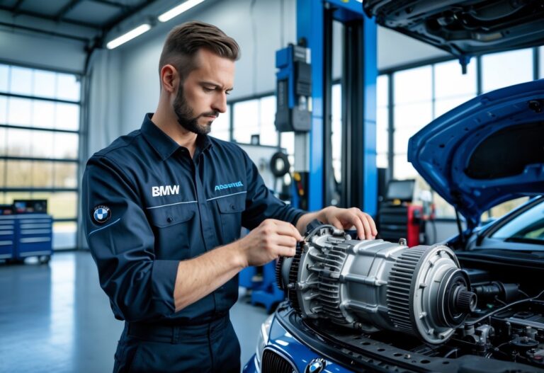 A mechanic working on a BMW transmission in a clean and organised automotive workshop.