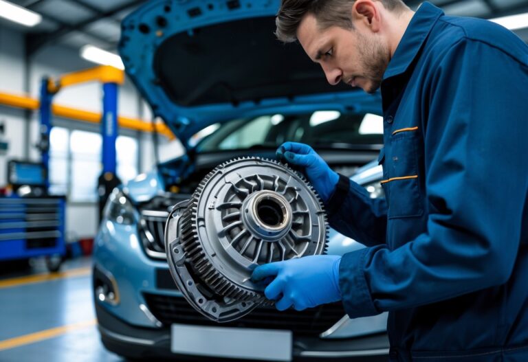 Mechanic inspecting a Peugeot car gearbox in a clean automotive workshop.