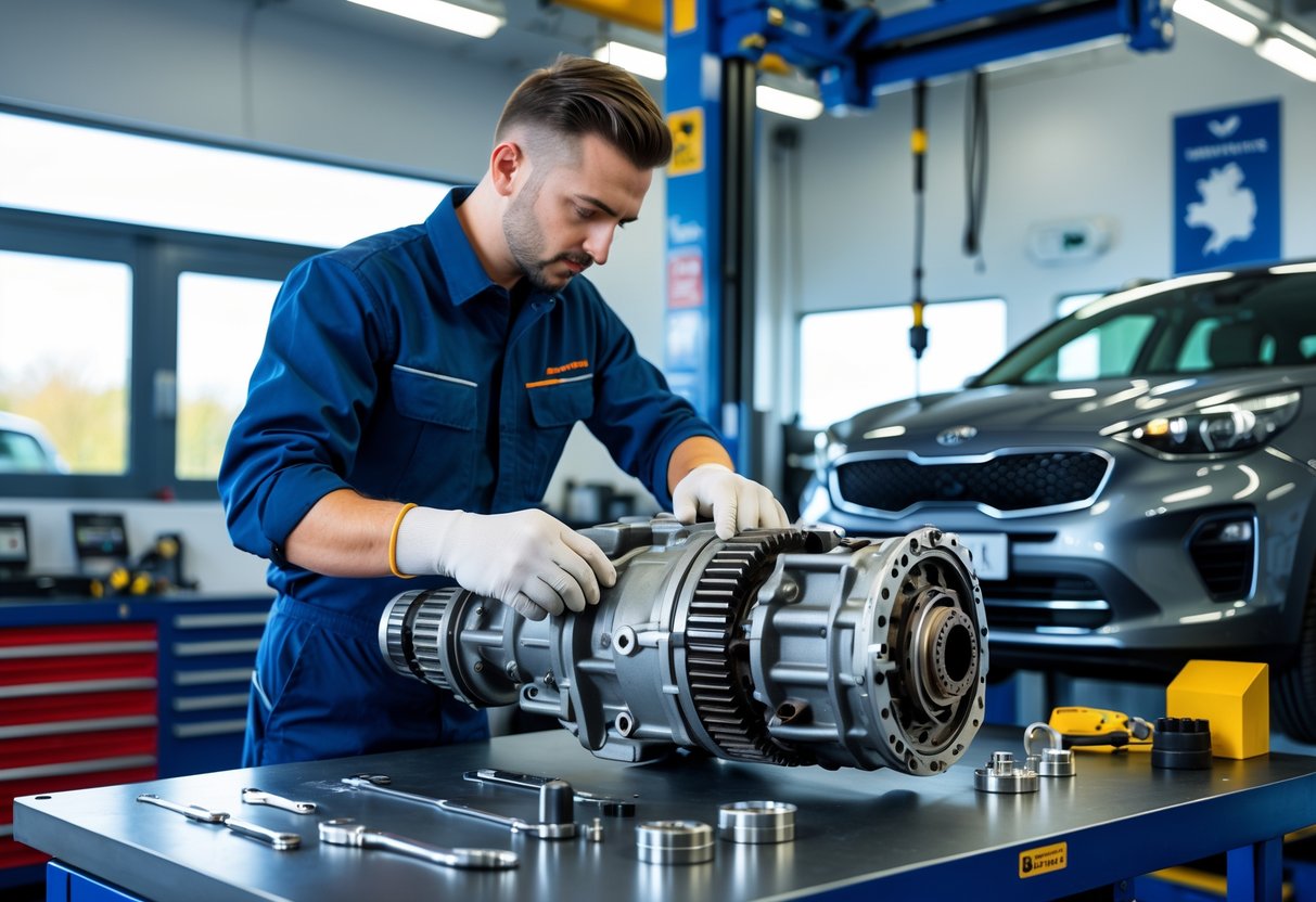 A mechanic repairing a Kia gearbox in a clean and organised automotive workshop with a Kia car on a lift in the background and an Irish flag on the wall.