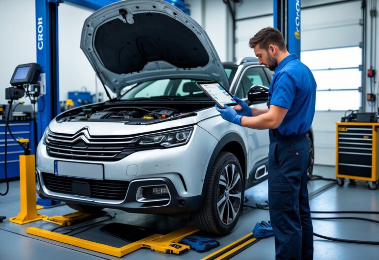 A mechanic diagnosing a Citroen car's transmission in a well-equipped automotive workshop using advanced diagnostic tools.