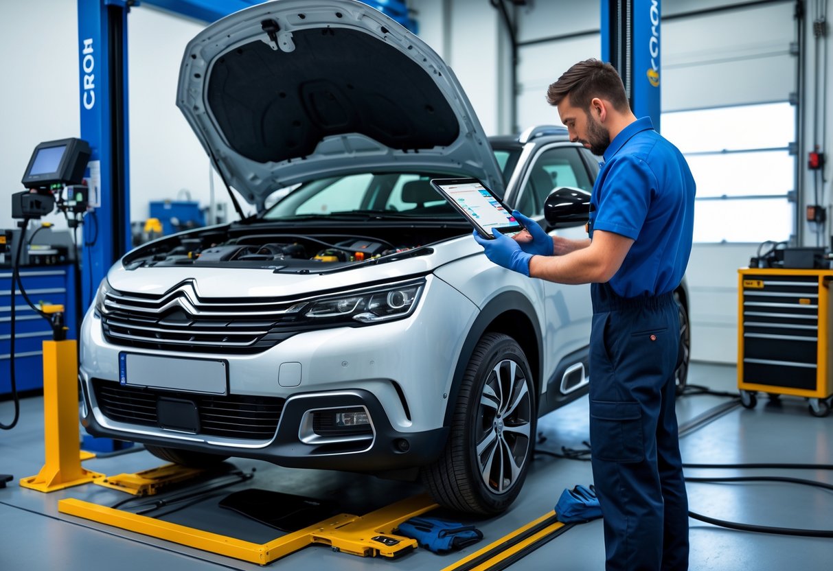 A mechanic diagnosing a Citroen car's transmission in a well-equipped automotive workshop using advanced diagnostic tools.