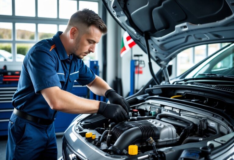 A mechanic working on a car engine inside a clean and organised automotive repair workshop with tools and diagnostic equipment visible.