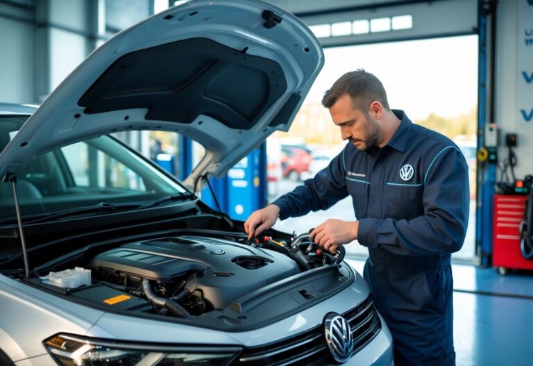 A Volkswagen car with its hood open being inspected by a mechanic in a service centre workshop.