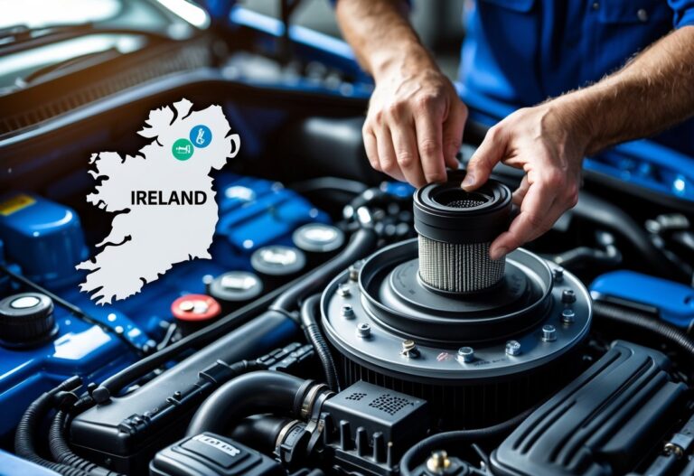 Close-up of a mechanic working on a diesel car engine with a focus on the Diesel Particulate Filter, a map of Ireland in the background with icons representing costs and maintenance.