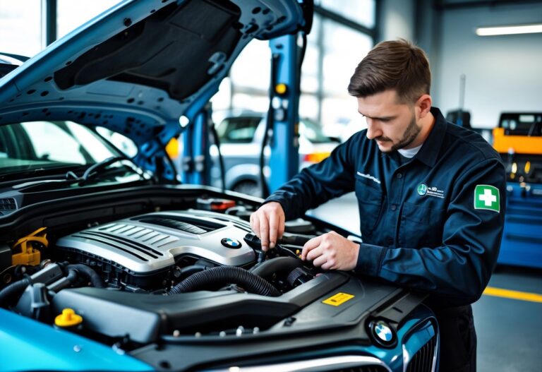 A mechanic repairing the engine of a BMW car inside a clean, modern automotive workshop.