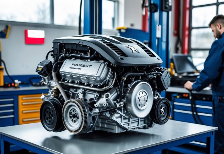 A Peugeot car engine on a workbench in an automotive workshop with a mechanic inspecting it and a small Northern Ireland flag visible in the background.