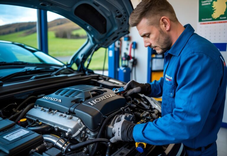 A mechanic inspecting a Honda car engine inside a clean automotive workshop with a view of green hills through a window.